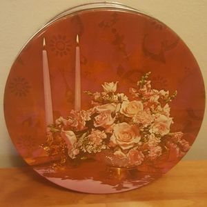 Vintage Mid Century Pink Roses Candles Still Life Tin